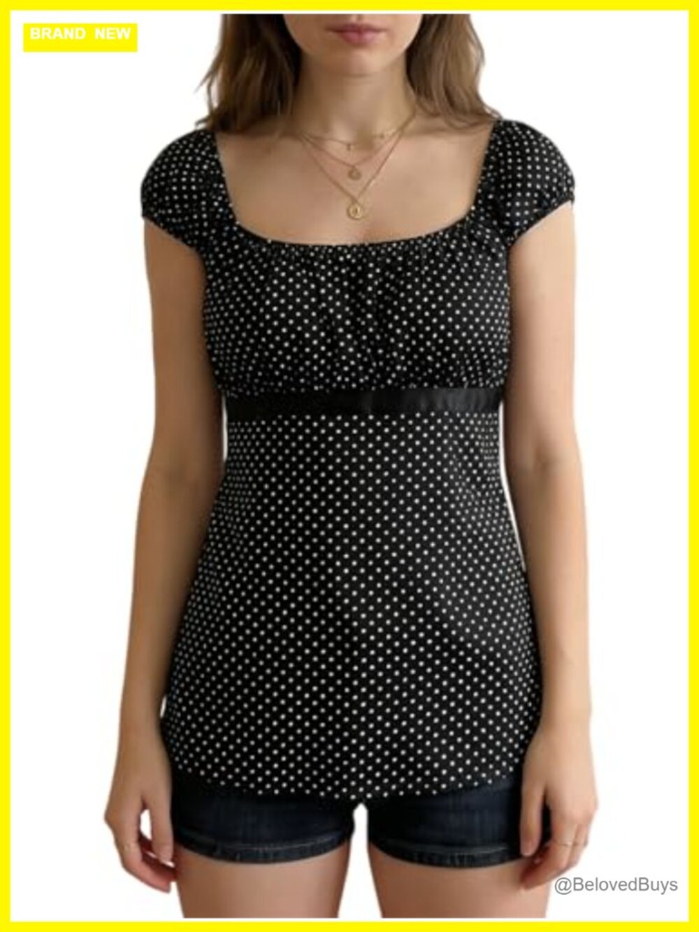 Women Y2K Fairy Grunge Babydoll Top Cap Sleeve Polka Dot Tie Back Flowy